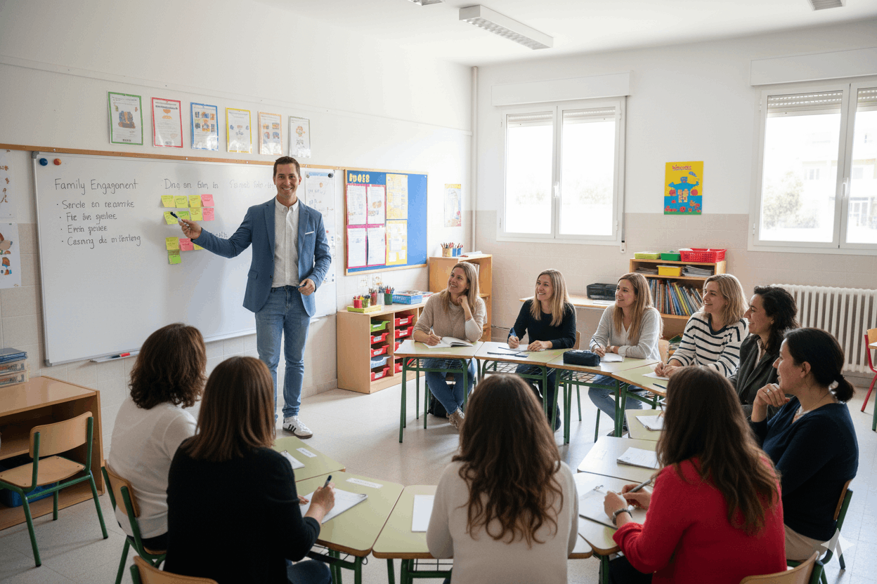 "Daniel Escudero impartiendo una formación para padres y madres en un aula