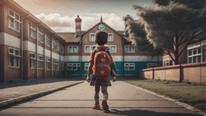 niño con mochila entrando al colegio en su primer día de vuelta al cole